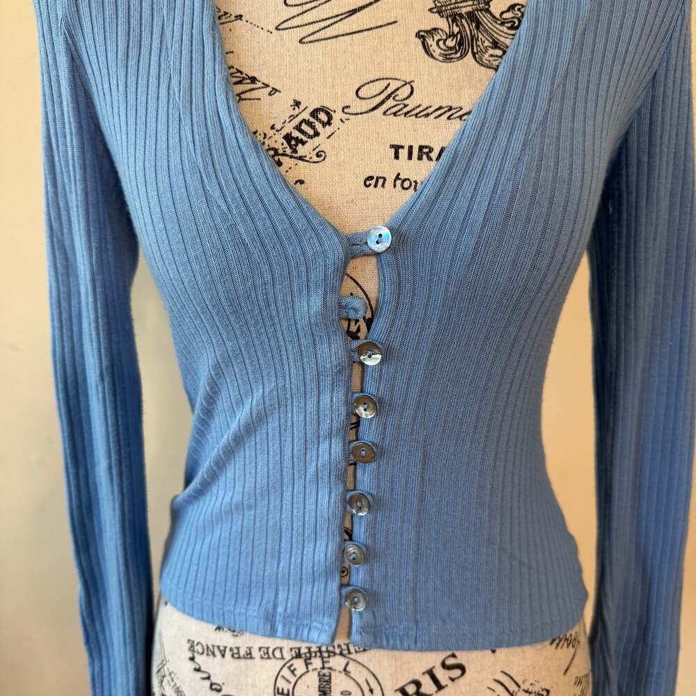Reformation Blue Ribbed Button-Front Cardigan Top – Size S - Picture 2 of 9